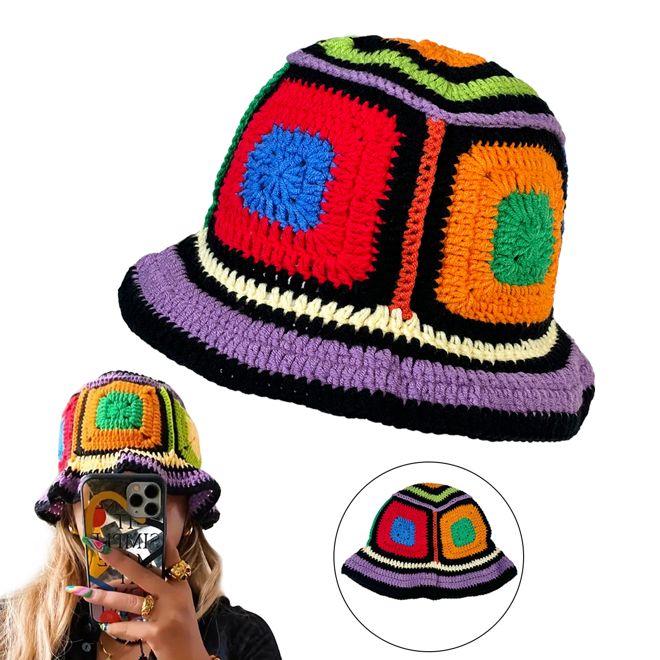 Ethnic Wear Fashion Designer - Purple-Edged Zuma Hat, Hand-Knitted Colorful Patchwork