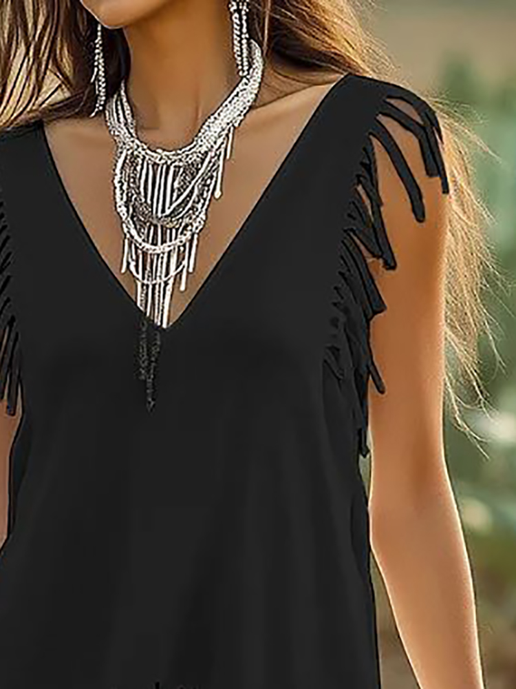 Black Fringed Casual Sleeveles - Ethnic Boho Fashion 리뷰 및 가격