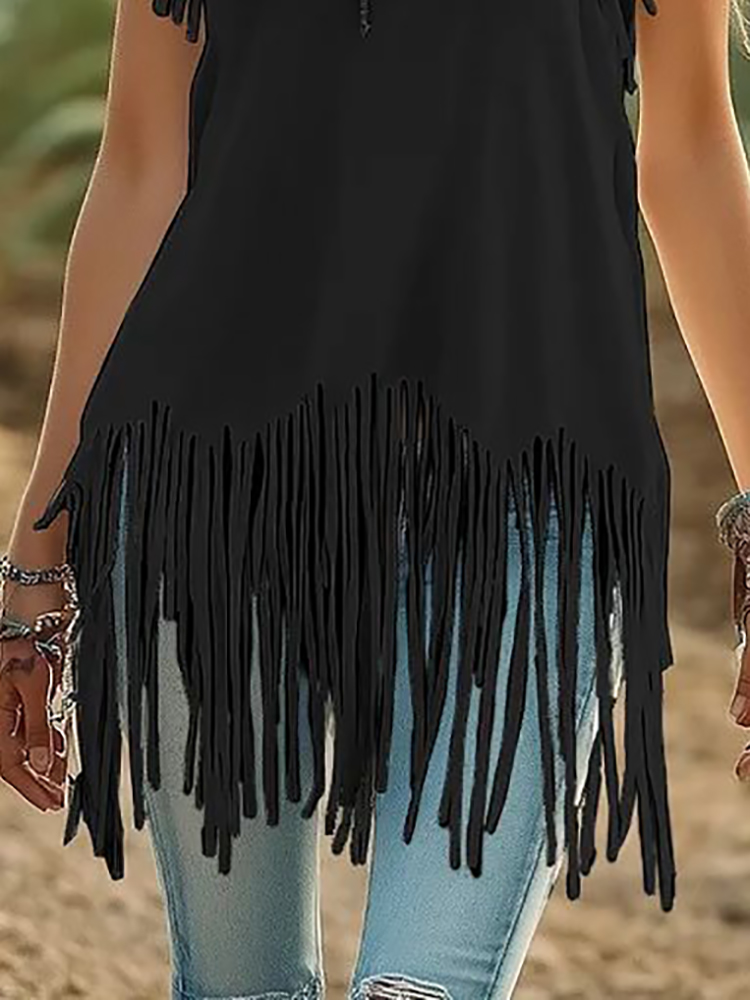 Black Fringed Casual Sleeveles - Ethnic Boho Fashion 리뷰 및 가격