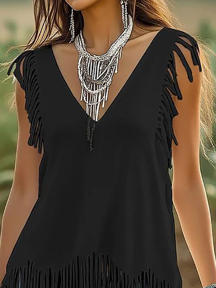 Black Fringed Casual Sleeveles - Ethnic Boho Fashion 리뷰 및 가격